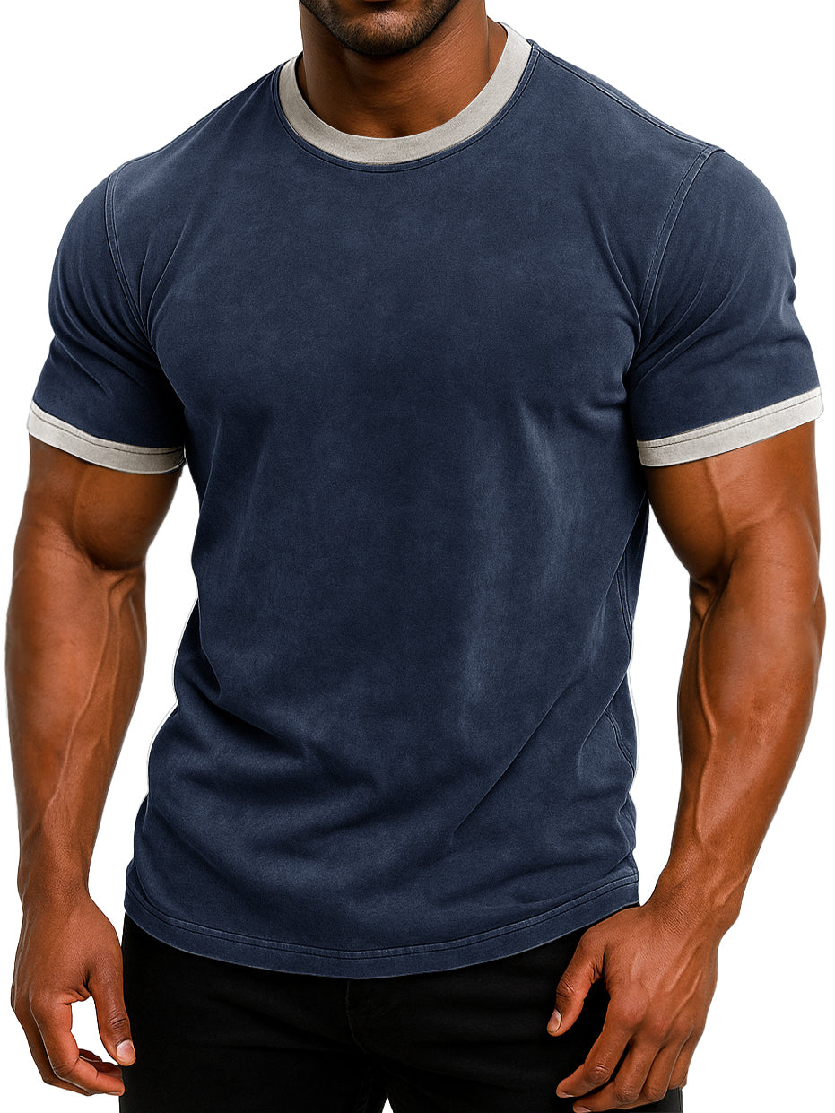 Men's Vintage Distressed Contrast Color True Classic Short Sleeve T-shirt