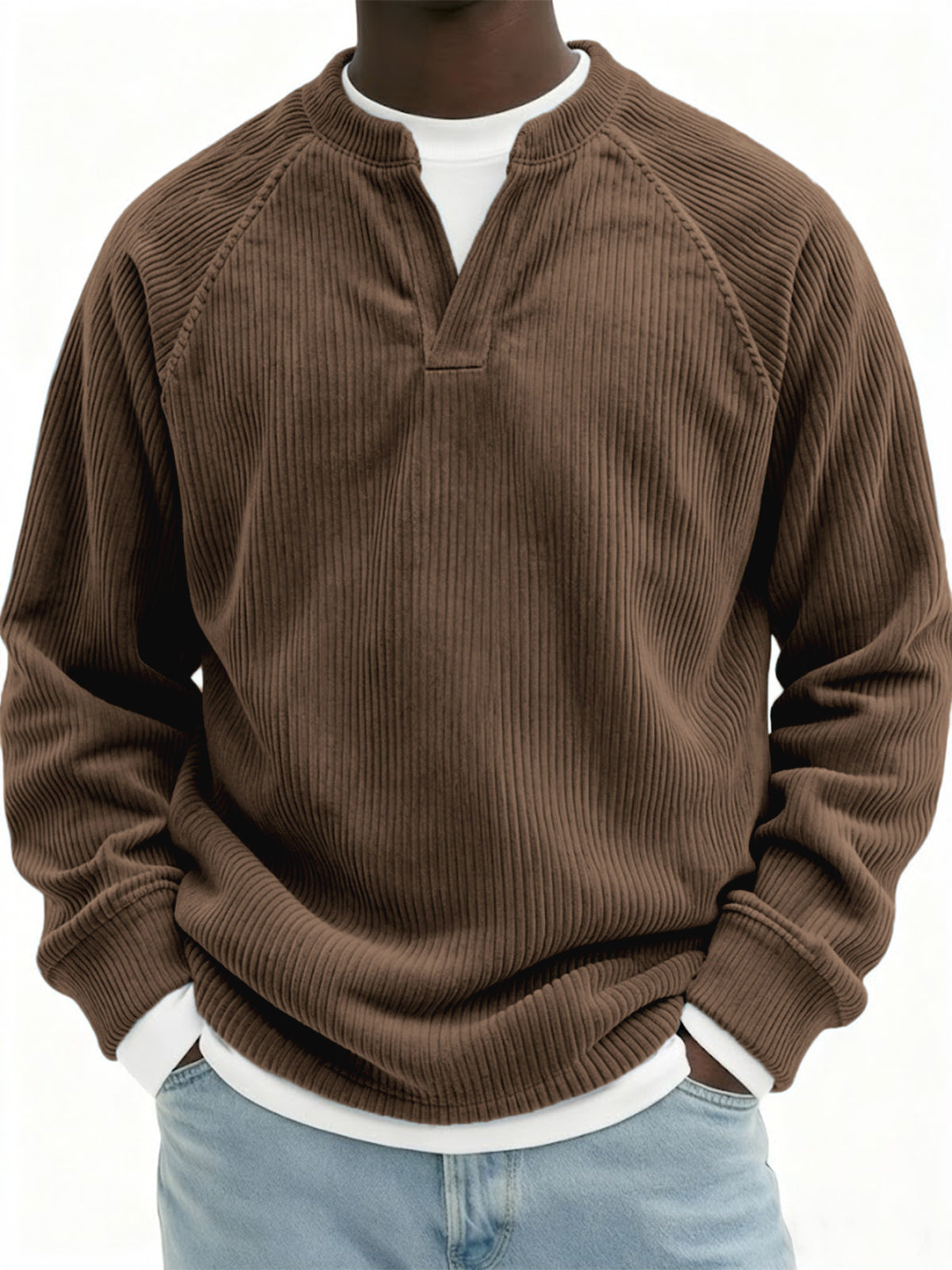 Men's Stylish Faux Two-Piece Corduroy Vintage Raglan Pullover Top