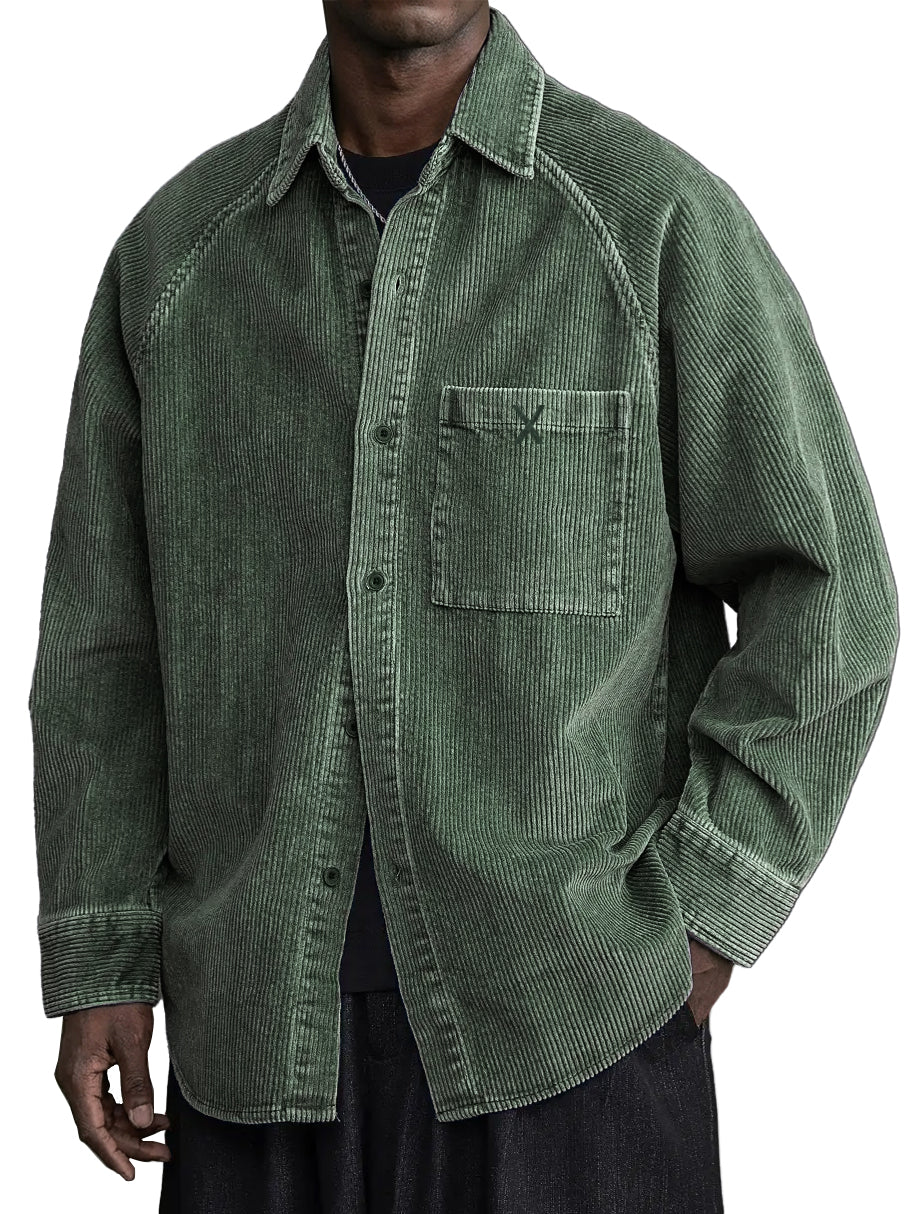 Men's Casual Vintage Pocket X Embroidered Corduroy Long Sleeved Shirt