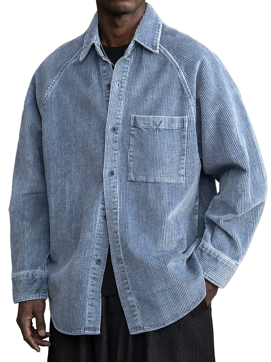 Men's Casual Vintage Pocket X Embroidered Corduroy Long Sleeved Shirt
