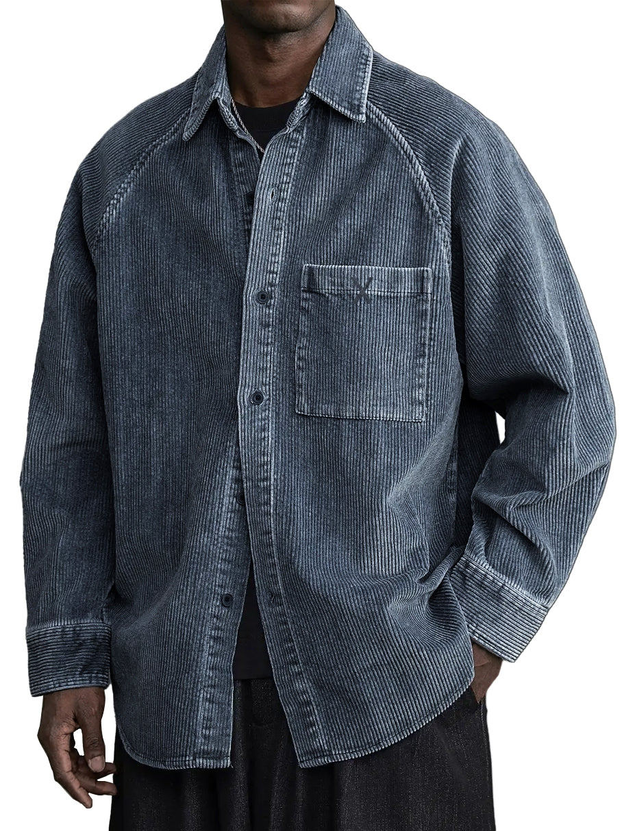 Men's Casual Vintage Pocket X Embroidered Corduroy Long Sleeved Shirt