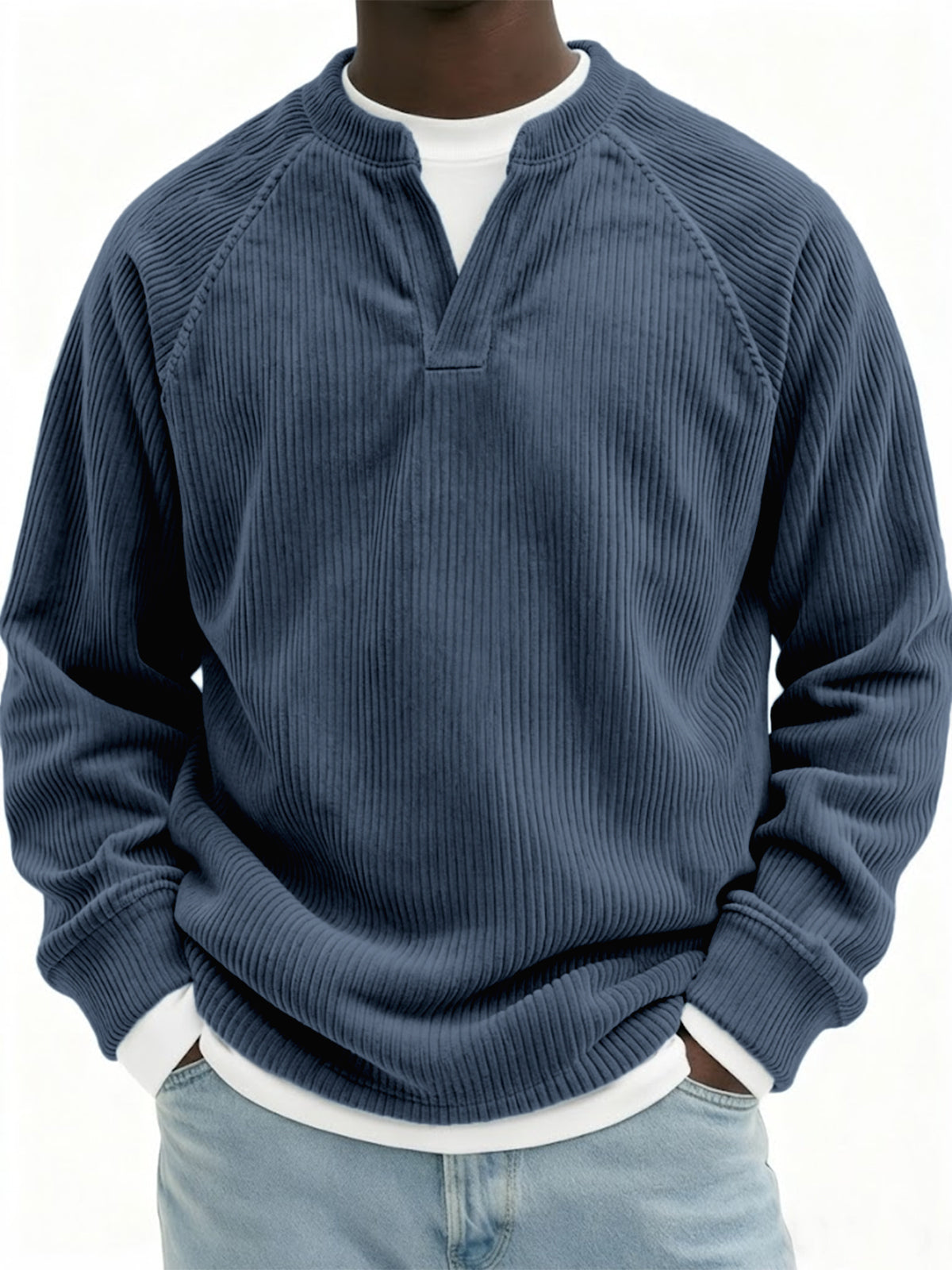 Men's Stylish Faux Two-Piece Corduroy Vintage Raglan Pullover Top