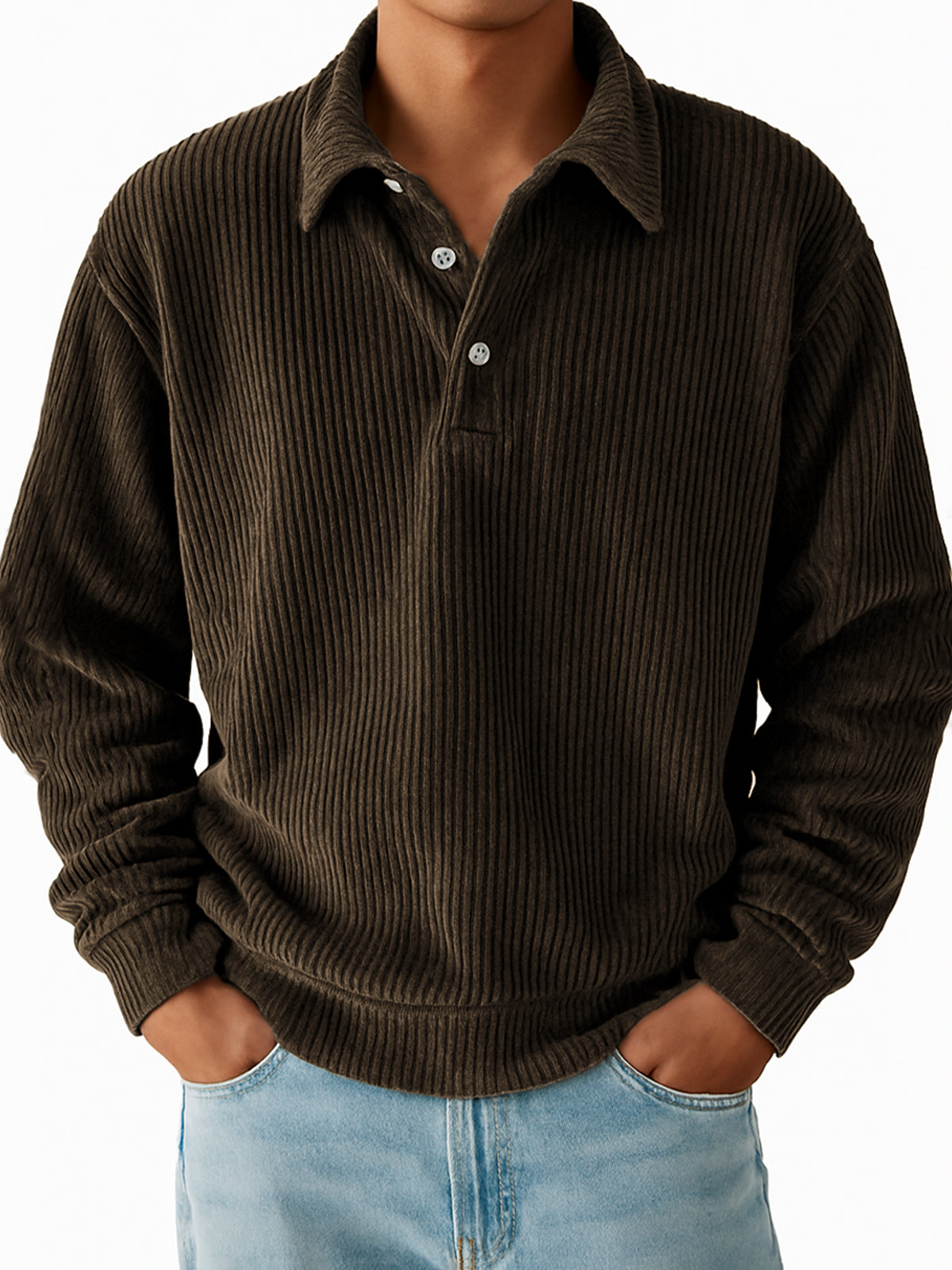 Men's Vintage Corduroy Pit Striped Casual Long Sleeve Polo Shirt