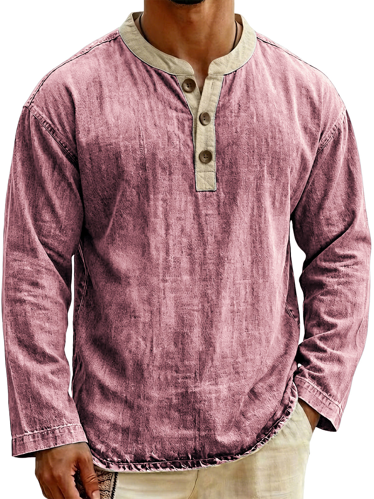 Men's Stylish Vintage Color-blocked Collar Pullover Henley Top