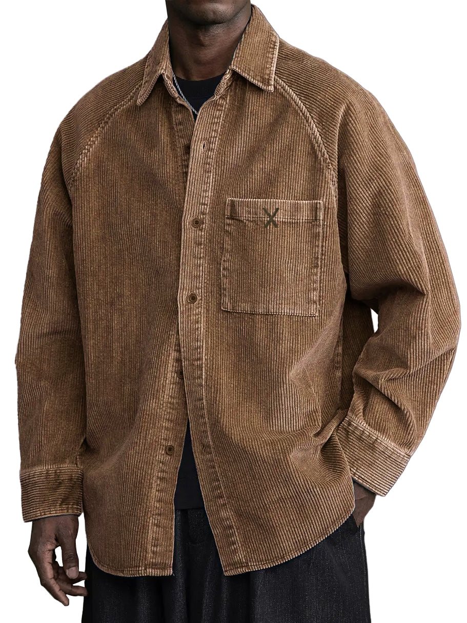 Men's Casual Vintage Pocket X Embroidered Corduroy Long Sleeved Shirt
