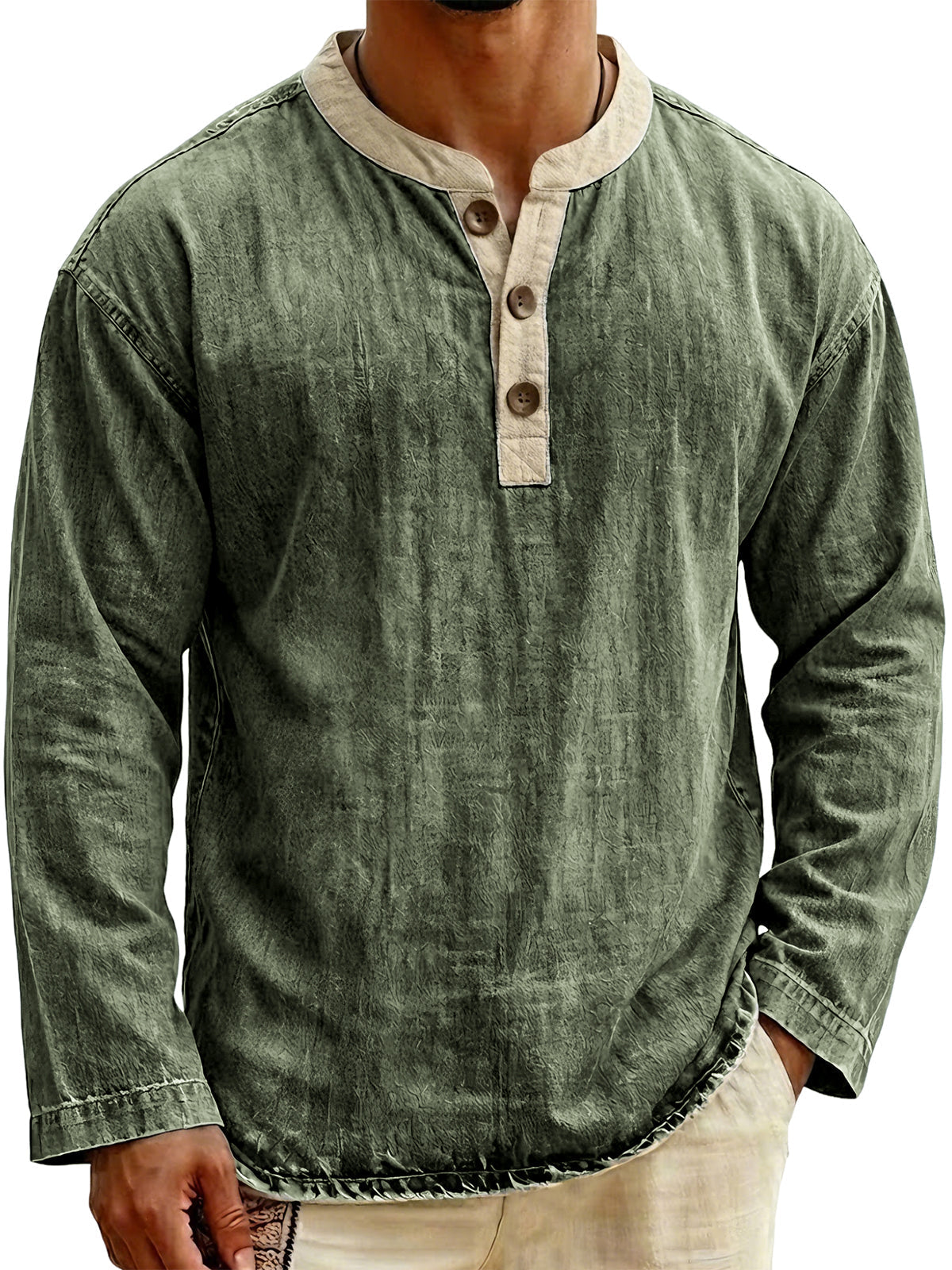 Men's Stylish Vintage Color-blocked Collar Pullover Henley Top