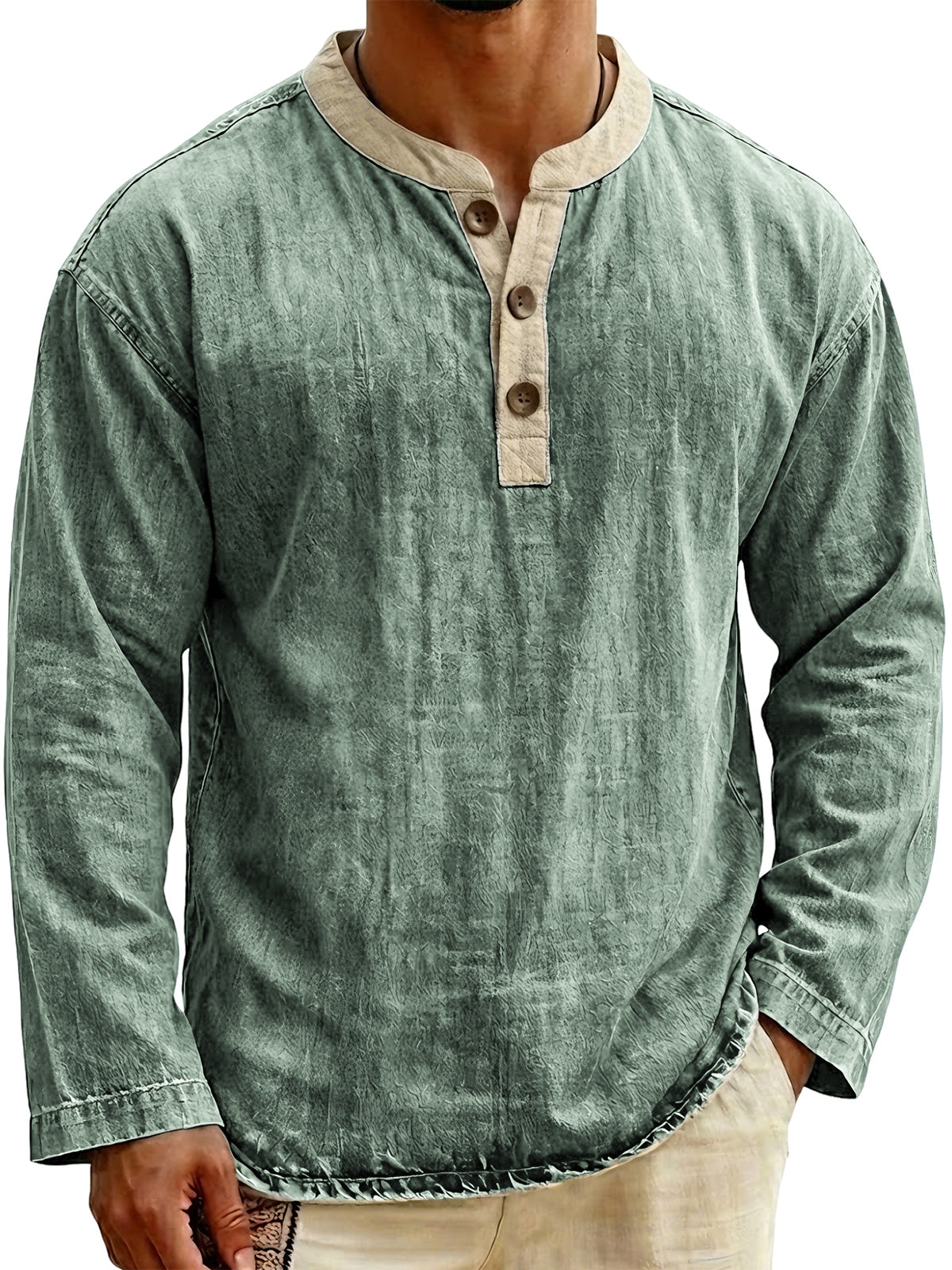 Men's Stylish Vintage Color-blocked Collar Pullover Henley Top