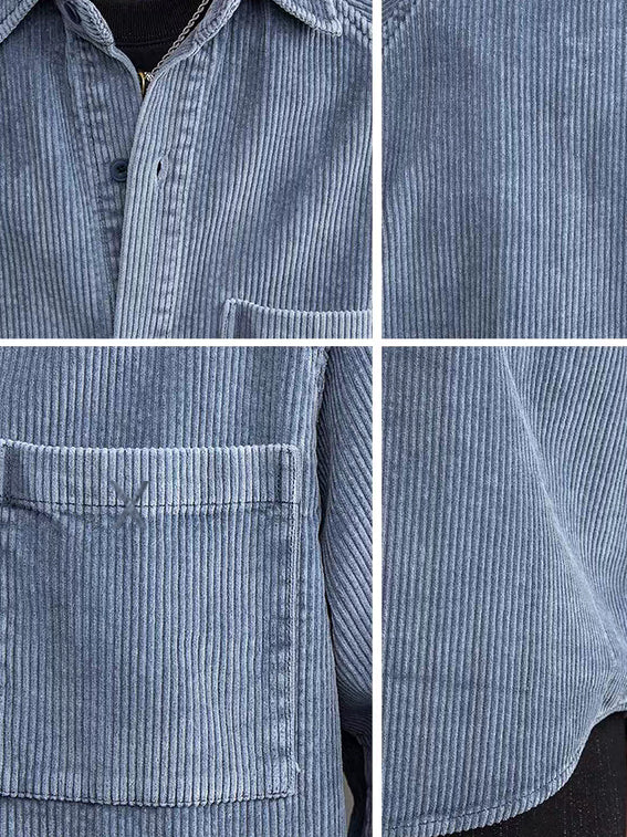 Men's Casual Vintage Pocket X Embroidered Corduroy Long Sleeved Shirt
