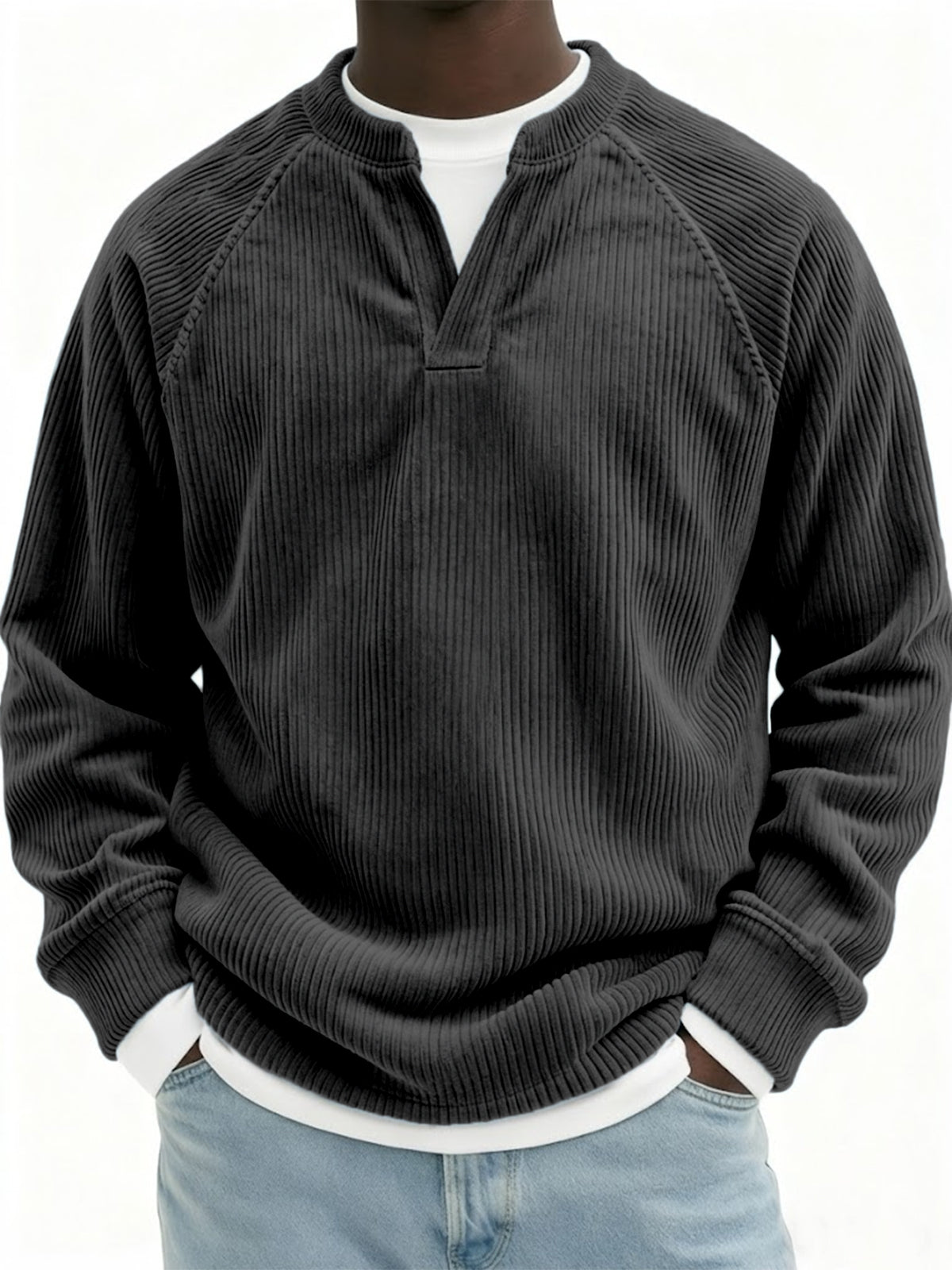 Men's Stylish Faux Two-Piece Corduroy Vintage Raglan Pullover Top
