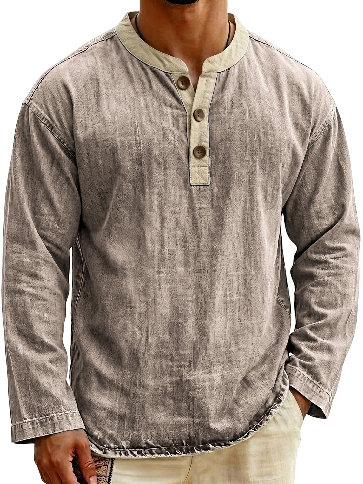 Men's Stylish Vintage Color-blocked Collar Pullover Henley Top